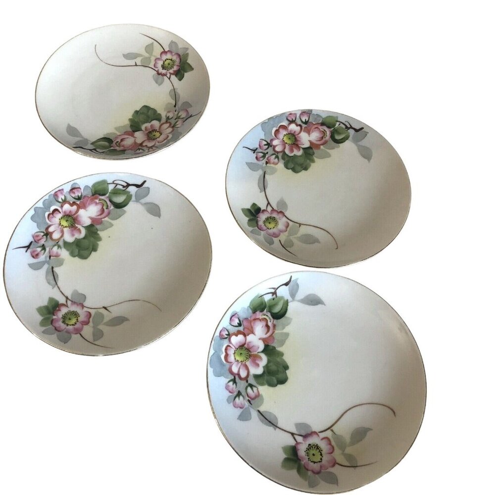 Vtg Hand painted Nippon Small Dessert Plates Japan Pink Floral Set Of 4